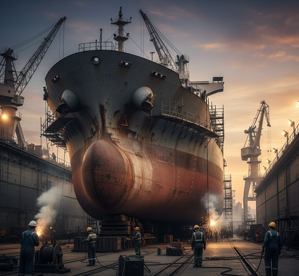 Ship in dry dock with technicians performing repairs