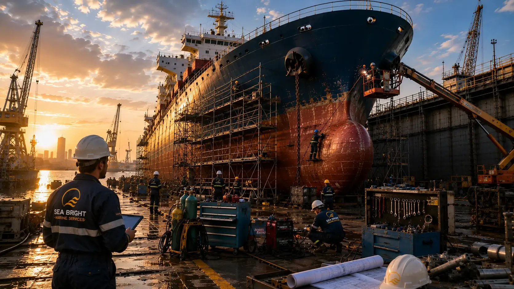 Ship in dry dock with technicians performing repairs